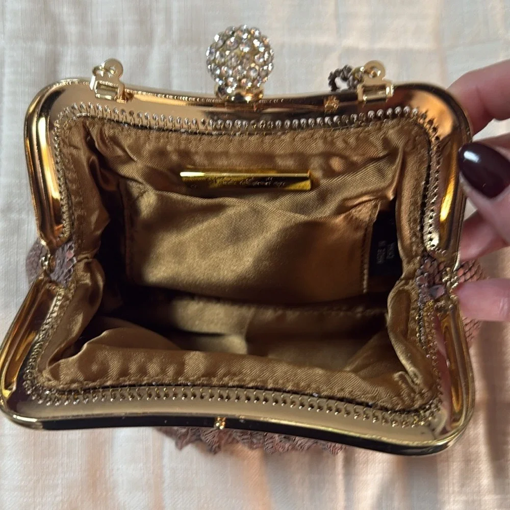 Kate Landry Copper Metal Mesh Evening Clutch Bag Rhinestone Orb Kiss Lock Gold